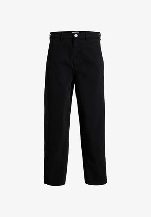 Pantalon noir à jambes droites avec passants pour ceinture, fermeture avant par boutons et braguette zippée, présenté sur un fond blanc.