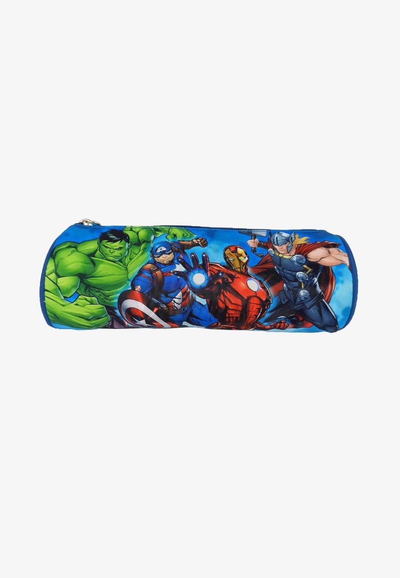 Pencil case featuring superhero graphics: Hulk, Captain America, Iron Man, and Thor on a blue background. Zip closure, fabric material.