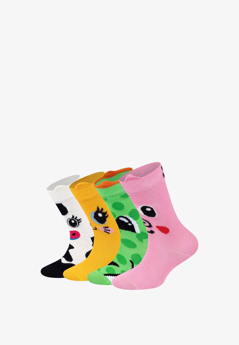 Čtyři páry barevných dětských ponožek vystavených vedle sebe, s hravými zvířecími obličeji a živými vzory v různých odstínech.