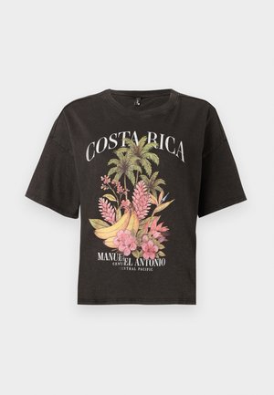 T-shirt court noir avec le texte « Costa Rica », des palmiers tropicaux, des bananes, des fleurs roses et « Manuel Antonio Central Pacific » sous le design.