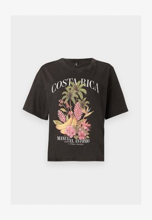 T-shirt court noir avec le texte « Costa Rica », des palmiers tropicaux, des bananes, des fleurs roses et « Manuel Antonio Central Pacific » sous le design.