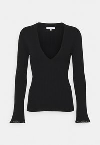 Schwarzes, geripptes Langarmoberteil mit tiefem V-Ausschnitt und ausgestellten Ärmelabschlüssen, die einen glänzenden Akzent aufweisen. Hergestellt aus dehnbarem Material für einen figurbetonten Look.
