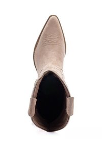 Bota de vaquero de ante marrón claro con puntera afilada, costuras decorativas en la parte superior y tiradores en los laterales, vista desde arriba.