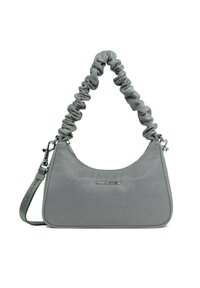 Borsa a spalla in tessuto grigio con manico arricciato, hardware argentato e superficie liscia. Presenta un logo sul davanti e una tracolla regolabile.