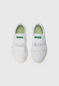 Um par de sapatilhas brancas Lacoste com solas interiores verdes e duas tiras de velcro, vistas de cima sobre um fundo branco.