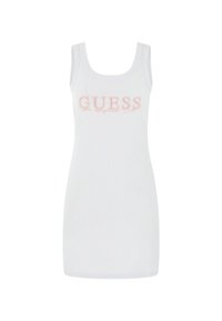 Canotta bianca a costine con scollatura rotonda e logo "GUESS" in rosa sul petto. Design slim fit. Nessun motivo aggiuntivo.