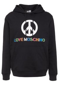 Black hoodie with a white peace symbol and "LOVE MOSCHINO" printed in multicolored letters. Features a kangaroo pocket and drawstring hood.