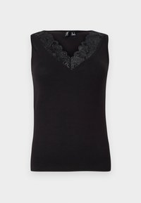 Black sleeveless top featuring a V-neckline with black lace detailing, made from a smooth fabric with a fitted shape.