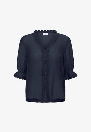 Mornarica bluza s kratkim puf rukavima, valovitim izrezom i naboranom prednjom plaketom izrađena od teksturiranog materijala. Sadrži čipkaste akcenta.