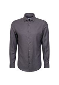 Heren overhemd met lange mouwen, knoopsluiting en een klein zwart-wit geometrisch patroon, getoond op een witte achtergrond.