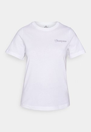 T-shirt bianco in cotone con maniche corte, con un piccolo logo "Champion" ricamato in viola chiaro sul lato sinistro del petto.