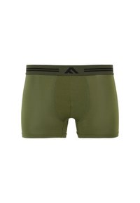 Green boxer briefs made of elastic fabric, featuring a black waistband with two horizontal stripes and a contoured pouch design.