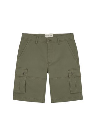 Olijfgroene cargoshorts met knoopsluitingen, riemlussen, zijflappockets en schuine voorzakken.