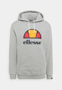 Sudadera con capucha gris con bolsillo delantero, cordones y un logo colorido: un semicírculo amarillo con detalles rojos sobre un contorno negro, con la palabra "ellesse".
