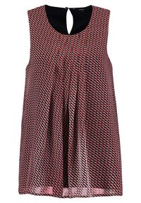 Blusa sin mangas con patrones geométricos rojos y blancos, escote negro, frente plisado y detalle de ojal en la parte posterior. Tejido ligero.