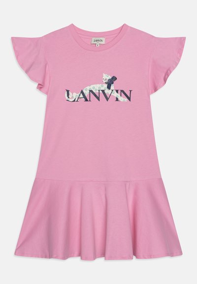 Rosa kortermet kjole med flagrende kant, prydet med et trykt katte-design og sløyfe, med merkenavnet "LANVIN" tydelig vist.