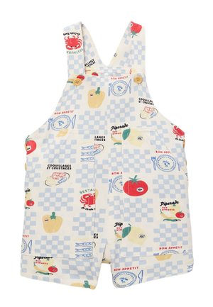 Salopettes courtes pour enfants avec motif à carreaux bleus, ornées d'illustrations colorées de légumes, fruits de mer, assiettes, et texte en français.