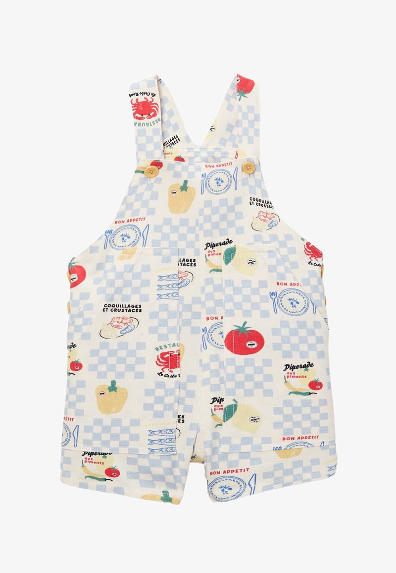 Salopettes courtes pour enfants avec motif à carreaux bleus, ornées d'illustrations colorées de légumes, fruits de mer, assiettes, et texte en français.