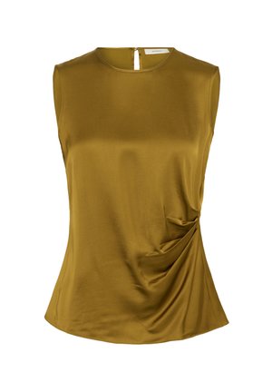 Ärmlös topp i olivgrön färg med rund halsringning, sidodrapering och nyckelhålsknäppning i ryggen. Slät, lättviktsmaterial.