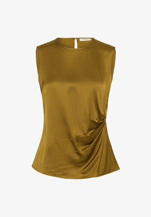Beżowy bezrękawnik w odcieniu oliwkowym z okrągłym dekoltem, bocznymi drapowaniami oraz zapięciem na plecach w kształcie łezki. Gładki, lekki materiał.