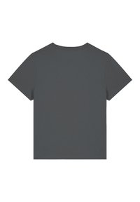 Grijze katoenen t-shirt met een ronde hals, korte mouwen en een ontspannen pasvorm. Effen achterkant, geen patronen of versieringen. Gladde textuur.