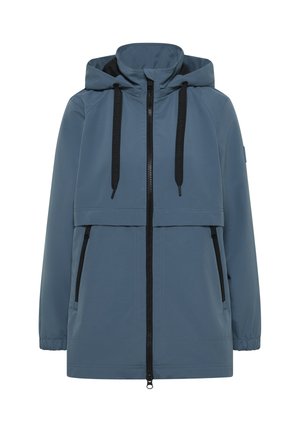 Blaue wasserdichte Jacke mit Reißverschluss vorne, zwei Seitentaschen, elastischen Bündchen und einer Kapuze mit verstellbaren Kordeln.