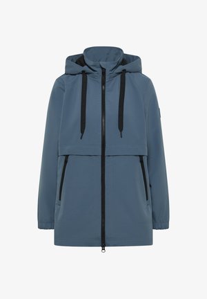Chaqueta impermeable azul con cremallera frontal, dos bolsillos laterales, puños elásticos y capucha con cordones ajustables.