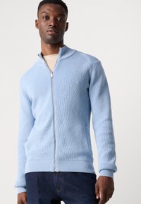 Light blue zip-up cardigan with ribbed texture, stand collar, and side pockets. Features a fitted hem and cuffs.