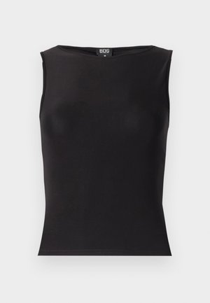 Black sleeveless top made from stretchy fabric, featuring a round neckline, fitted silhouette, and smooth texture. Tag visible inside.