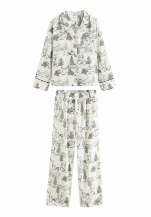 Baumwoll-Pyjama-Set mit knöpfbarem Oberteil und Hose mit elastischem Bund, mit einem monochromen Wald- und Tiermotiv auf einem hellen Hintergrund.