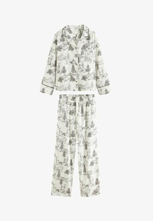 Bomullspajamasset med knappad topp och byxor med elastiskt midjeband, med en monokrom skogs- och djurmönster på en ljus bakgrund.