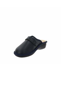 Scarpa slip-on in pelle blu navy con punta tonda, tacco basso e cinturino regolabile sulla parte superiore del piede. Texture liscia e suola resistente.