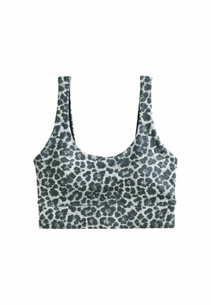 Brassière de sport avec un motif léopard gris et noir, larges bretelles et encolure dégagée.