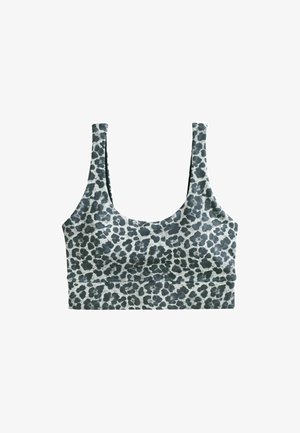 Sportinė liemenėlė su pilku ir juodu leopardų printu, plačiomis petnešėlėmis ir iškirpte.