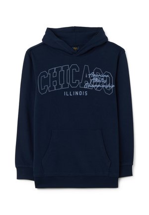 Navy blauwe hoodie met een voorzak, voorzien van vetgedrukte "CHICAGO" tekst en "Illinois" eronder in lichtgrijs, gemaakt van zacht katoen.