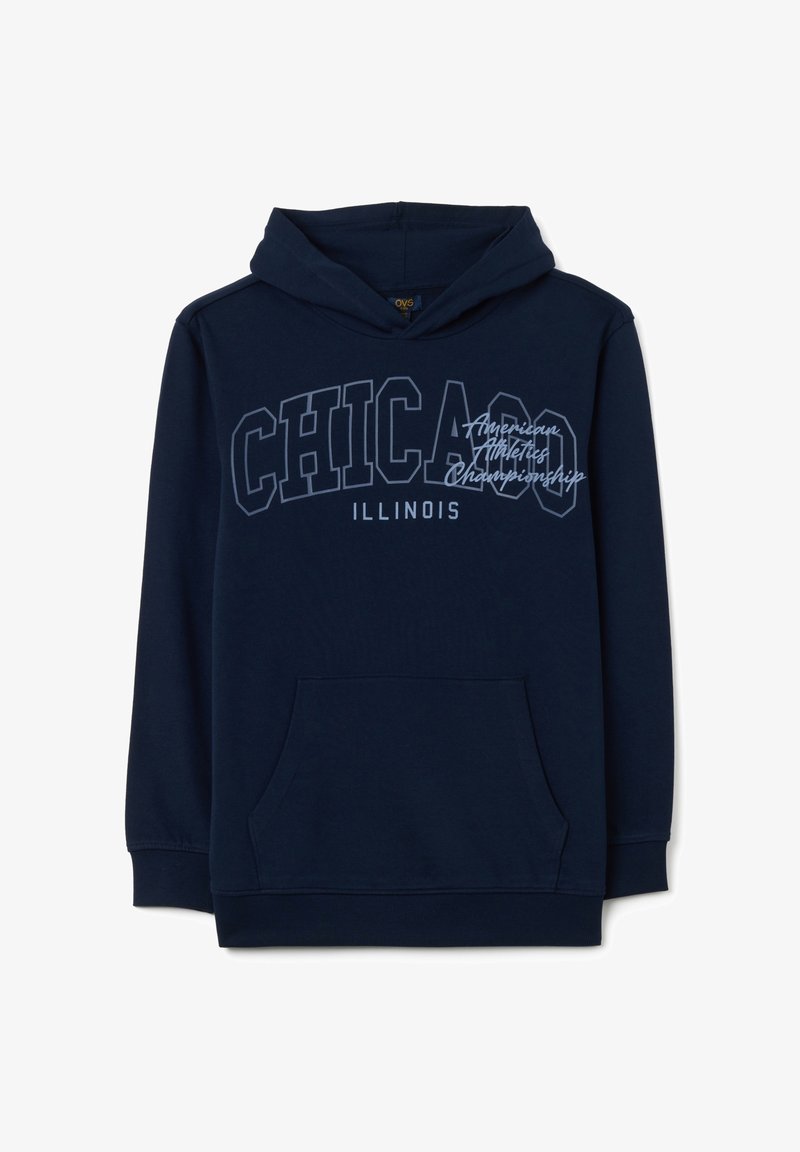 Navy blauwe hoodie met een voorzak, voorzien van vetgedrukte "CHICAGO" tekst en "Illinois" eronder in lichtgrijs, gemaakt van zacht katoen.