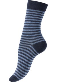 Calzino a righe blu navy e azzurro, realizzato in tessuto morbido; lunghezza alla caviglia con bordo a costine e punta arrotondata. Textura liscia in tutto il prodotto.