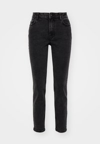 Sorte denim jeans med strait cut, fem lommer, standard beltehemper og en glatt tekstur. Frontknapp lukking.