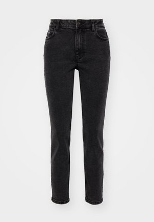 Zwarte denim jeans met een rechte pasvorm, vijf-pocket ontwerp, standaard riemlussen en een gladde textuur. Voorknopsluiting.
