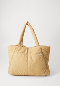 Borsa tote trapuntata gialla con manici doppi, dotata di una tasca frontale e di un tessuto texturizzato. Design semplice e rettangolare con hardware minimale.