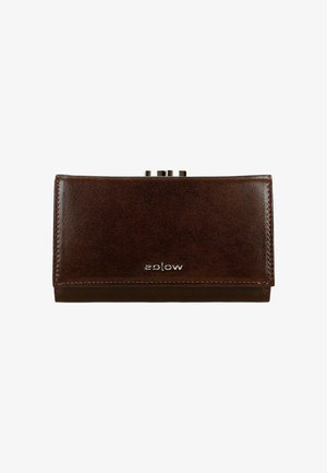 Brown leather wallet with a smooth texture, rectangular shape, a snap closure, and metallic accents. Features visible branding on the front.