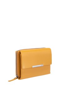 Yellow leather wallet with a zip closure, smooth texture, a silver accent, and a flap compartment. Compact rectangular shape.