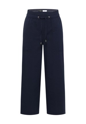 Marineblauwe broek met wijde pijpen, trekkoord in de taille en zichtbare voorzakken, gemaakt van gestructureerde stof.