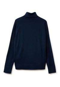 Maglione a collo alto navy realizzato in tessuto a maglia strutturato. Presenta maniche lunghe, un collo alto e dettagli a coste nei polsini e nell'orlo.