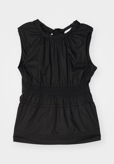 Top preto sem mangas com decote franzido, cintura agrupada e fecho com laço estreito nas costas. Feito de tecido suave.