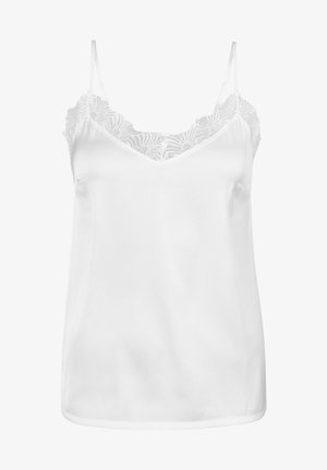 Hvid ærmeløs camisole med tynde stropper og blondestrimler langs V-udskæringen og de øverste kanter.