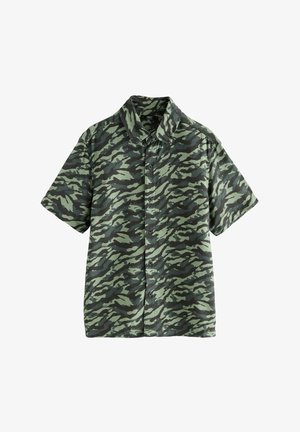 Lyhythihainen nappipaita, jossa on vihreä ja musta tiikeri raidallinen camouflage-kuvio ja terävä kaulus.