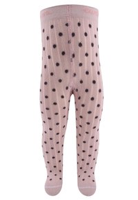 Rosa gestrickte Strumpfhosen mit schwarzen Polka Dots, gerippter Textur und einem weichen Bund. Bieten vollständige Beinkomplettierung und Fußdesign.