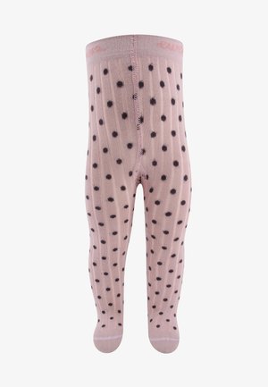 Pink knitted tights with black polka dots, ribbed texture, and a soft waistband. Provides full leg coverage and footed design.