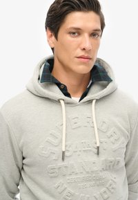 Sudadera gris claro con un logo texturizado, cordones ajustables, y superpuesta con un cuello de camisa de cuadros azul y verde visible por debajo.